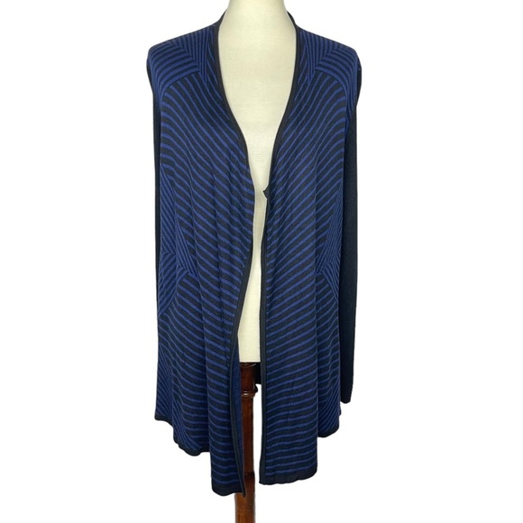 Design History Cardigan Sweater Womens Medium Blue Black Striped Open Front - Picture 1 of 6